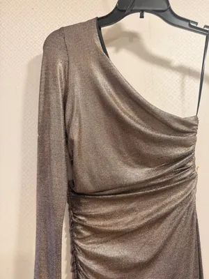 NWT Zara Metallic Bronze One Shoulder Ruched High Slit Asymmetrical Maxi Dress S thumbnail 7