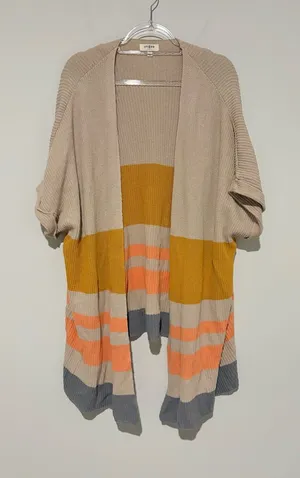 Umgee Boho Colorblock Striped Dolman Short Sleeve Cardigan‎ tan orange Large thumbnail 1