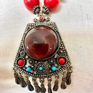 Ethnic wood beaded large pendant necklace thumbnail 2