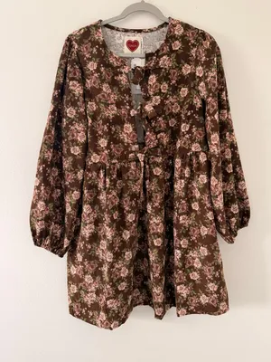 Bohme LovLov Beatrice Corduroy Brown Floral Mini Dress size large thumbnail 4