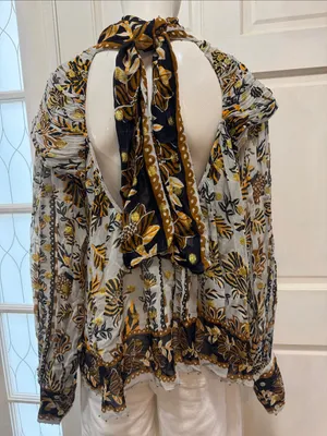 Farm Rio Silver Metallic Floral Beehive Tapestry Long Sleeve Blouse Size Medium thumbnail 11