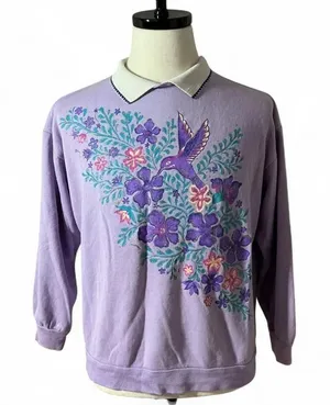Vintage Lavender Hummingbird Floral Collared Sweatshirt‎ Women's thumbnail 1