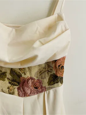 Floral Tapestry Waist Wide Leg Cream Jumpsuit Draped Neck Size M thumbnail 3