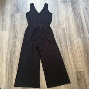 Daily Ritual Black Jumpsuit Double V neck Cropped Wide Leg Pima Cotton thumbnail 2