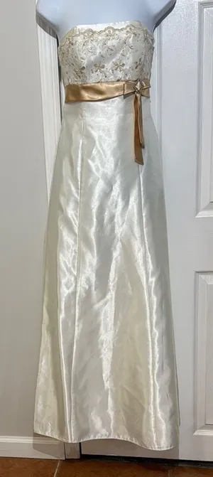 Jessica McClintock Gunne Sax Strapless Embroidered Gold Lace Satin Maxi Dress‎ 1 thumbnail 1