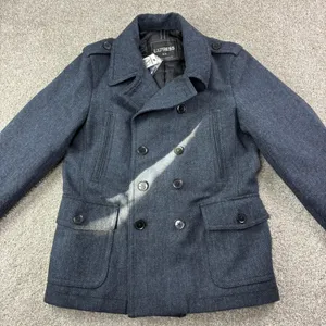 Express Size S Navy Herringbone Double Breasted Peacoat Jacket Military NWT thumbnail 2