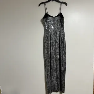 Vintage 90s‎ Silver Sequin Maxi Dress Spaghetti Strap Side Slit Gown Size 10 USA thumbnail 13