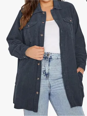 Eytino Women's Plus Size Long Sleeve Button Down Navy Blue Corduroy Jacket NEW thumbnail 1