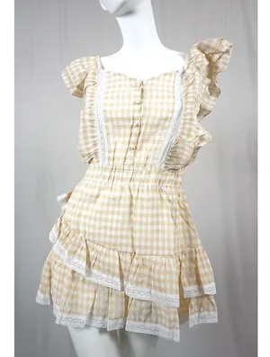 MABLE Gingham Plaid Checkered PeasantRuffle Sleeve Dress Womans Medium thumbnail 1