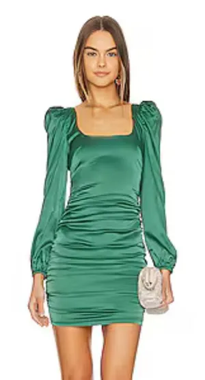 Revolve 💚✨ MORE TO COME Blaire Teal Satin Puff Sleeve Mini Dress‎ XS NWT ✨💚 thumbnail 1