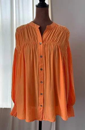 Entro Bright Apricot Orange Puff Sleeve Blouse Button Front Semi Sheer Size S thumbnail 1