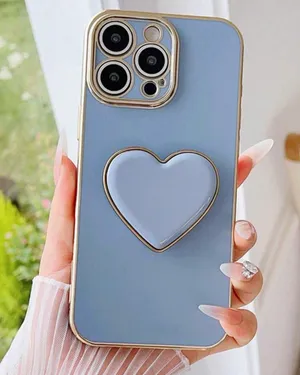 Light Blue Gold Heart Glossy Kickstand Back Case for Apple Smartphone Iphone 17 Pro thumbnail 1