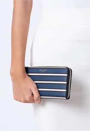Kate Spade Cameron York Stripe Large Continental Wallet Blue Saffiano Leather thumbnail 1