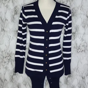 Ounce Navy White Striped Cardigan Sweater Medium Coastal Preppy thumbnail 2