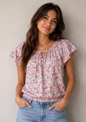 Woman's Floral Flutter Sleeve Smocked Waist Top thumbnail 1