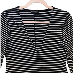 Express Womens Black White Striped V-Neck Long Sleeve Bodycon Midi Dress Medium‎ thumbnail 4