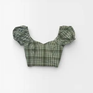 Dizzy Lizzy Green Plaid Milkmaid Corset Puff Sleeve Crop Top Medium thumbnail 7