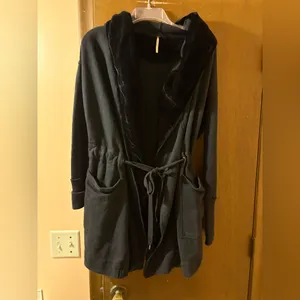 Free People Westwood Velvet Trim Hooded Oversized Cardigan Coat in Black thumbnail 5
