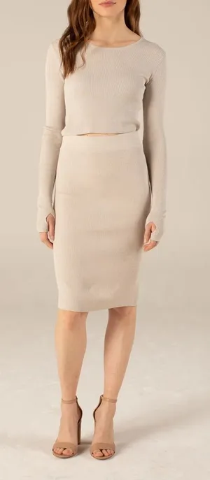 NWT Naadam Silk Cashmere Ribbed Knit Midi Skirt S Pebble Pencil High Waisted thumbnail 1