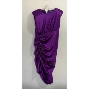 Purple Express Satin Padded Shoulder Ruched Asymmetrical Mini Dress L thumbnail 3