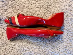XRXC Red Patent Leather Square Toe Ballet Flats Rhinestone Buckle. thumbnail 3