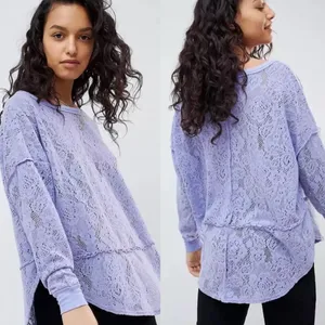 FREE PEOPLE Purple Glacier Not Cold In This Top Lilac Lace Pullover Top Crew thumbnail 2
