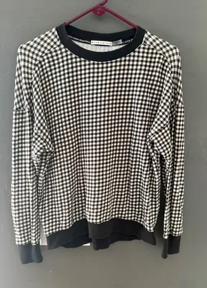 Alice +‎ Olivia Womens Gingham Checkered Sweatshirt Black White Preppy Small thumbnail 1