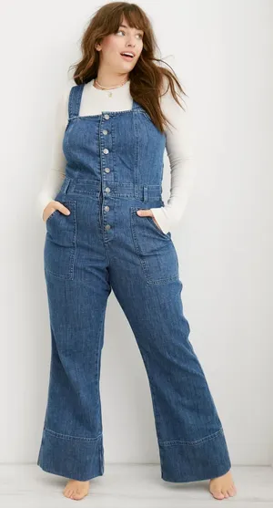 Aerie Denim Kick Flare Overalls XS Blue Wide Leg Adjustable Straps thumbnail 1