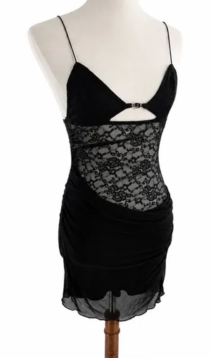 SheIn Women’s Black Lace Mini Dress Strappy Ruched Mesh Cutout Y2K Small thumbnail 1