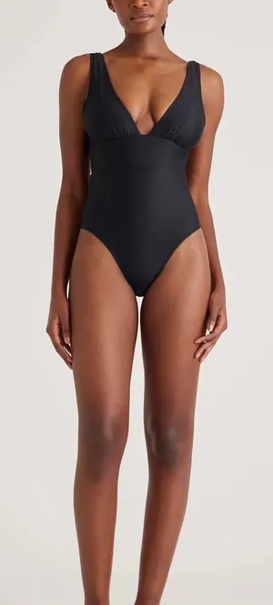 NWT Quince Black Italian Plunge One-Piece Swimsuit Size Large thumbnail 1