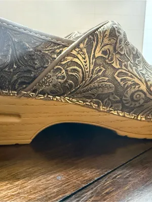 Dansko Metallic Gold Floral Embossed Clogs thumbnail 3