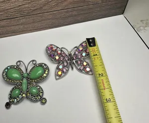 Rhinestone Butterfly Insect Brooch Pin Lot Of 2 Silver Tone 1 Green & 1 Pink thumbnail 5