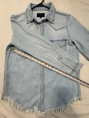 Risen Light Blue Denim pearl snap Button Shirt Distressed Size M thumbnail 7
