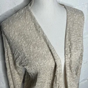 Loft Women’s Cotton Linen Beige Open Front Pointelle‎ Cardigan Sweater Medium thumbnail 2