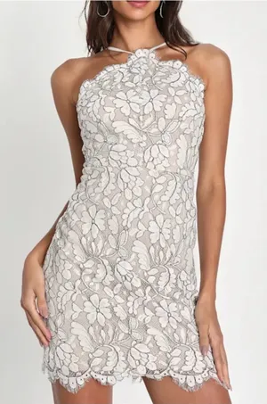 Lulus Women’s Delicate Darling Beige and Ivory Lace Bodycon Mini Dress Size XS thumbnail 1