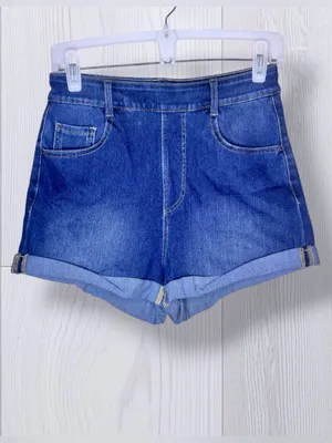 HALARA Flex High Waisted Rolled Hem Denim Look Shorts | Medium Wash thumbnail 3