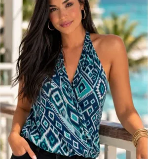 New York & Company Teal Blue Tribal Print Halter Top Wrap Blouse Size Medium thumbnail 1