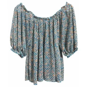 Free People Astra Peasant Top Blue Daisy Floral‎ Print Women's Size Medium thumbnail 2