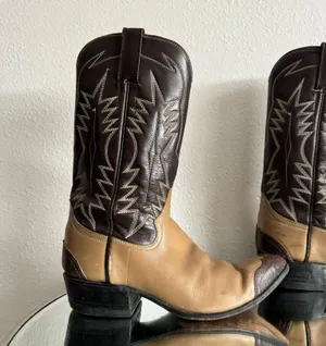 Vintage Brown Tan Leather Western Festival Wingtip Mid Calf Heeled Cowboy Boots thumbnail 6
