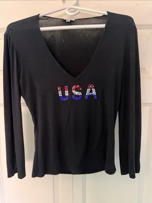 Cache Women’s Black V-Neck Long Sleeve Top with USA Sequin Detail thumbnail 1