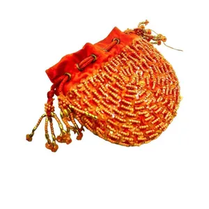 Orange beaded Indian drawstring jewelry/cosmetic pouch - beaded one side - desig thumbnail 6