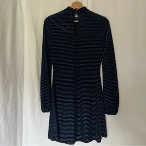 Lulu’s Ticket to chic Navy Blue Striped Velvet Balloon Sleeve dress Size small thumbnail 10