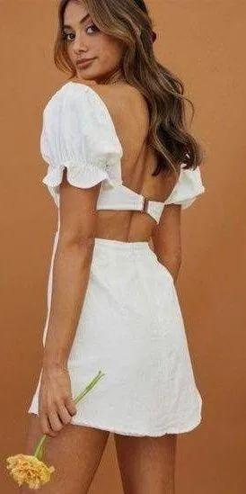 Here Comes the Sun NEW Norma Puff Sleeve Cutout Back Mini Dress White NWT thumbnail 1
