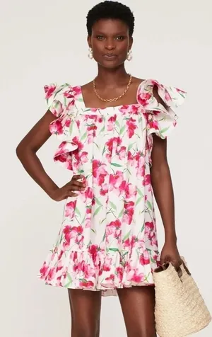 MISA Los Angeles Selma Floral Dress Ruffled A-Line Mini White Pink X-Small thumbnail 1