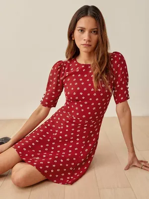 Reformation Bard Dress Mini Red White Floral Size 2 thumbnail 2