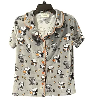 Munki Munki Peanuts Snoopy Halloween Pajama Top Grey Orange Candy Corn‎ Small thumbnail 1