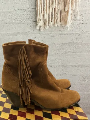 Sam Edelman Suede Fringe Ankle Boots in Cognac Brown thumbnail 2