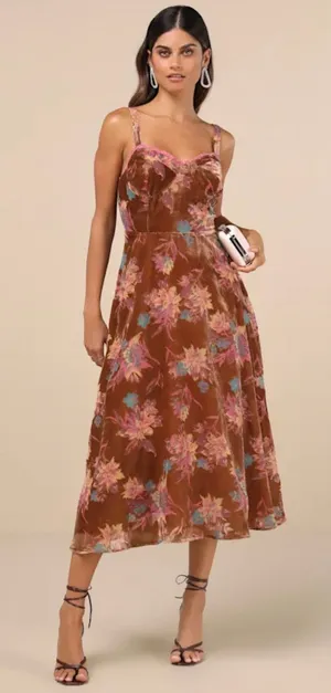 Lulus Coveted Grace Brown Velvet Burnout Bustier Midi Dress thumbnail 1