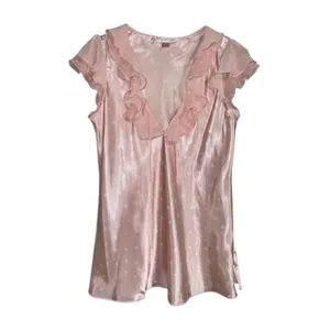 Oscar de la Renta Pink Label Polka Dot Satin‎ Ruffle V-Neck Y2K Top Pink Medium thumbnail 2