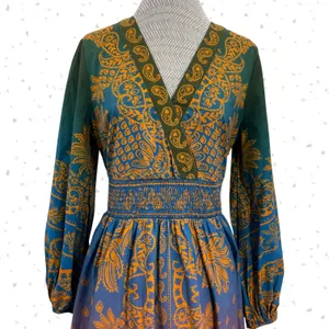 Farm Rio Smocked-Waist Dress Anthro Paisley Long Sleeve Boho Jewel Tone Size S thumbnail 4